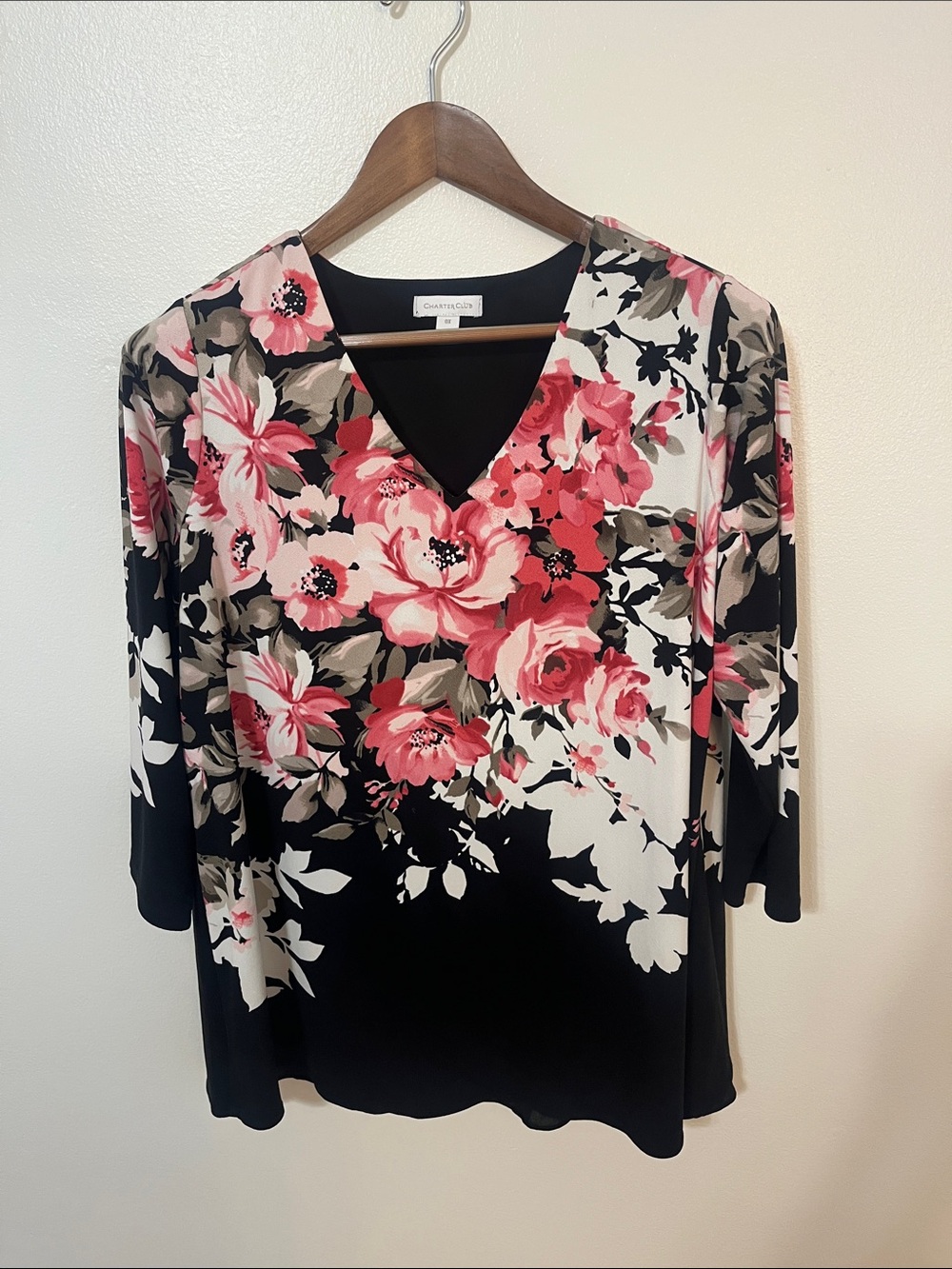 Charter Club Black Floral V-Neck Blouse with Pink Accents 0X